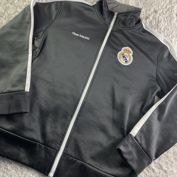 Real Madrid Jacket Youth Large Black White FC Soccer Football Warm Up Travel - Picture 1 of 9